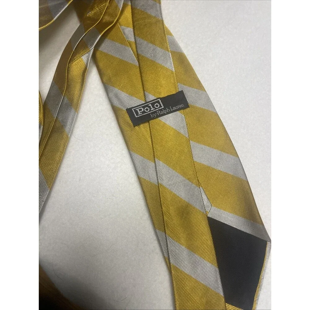 Polo By Ralph Lauren Vintage 100% Silk Tie USA Made By Hand Gold Silver